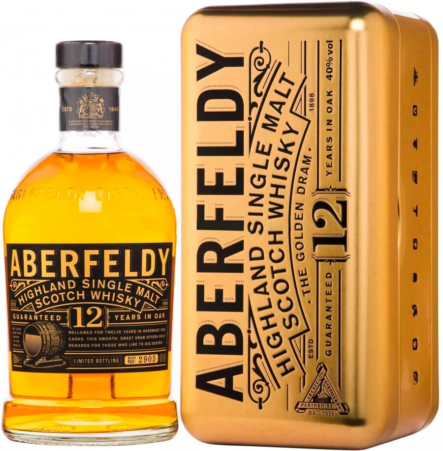 Виски "Aberfeldy " 12 years old, 0.7 л. Виски Aberfeldy 12 years old Metal Box 0.7 л. Aberfeldy 12 в золотой коробке. Виски Аберфелди 12 лет в золотой коробке.