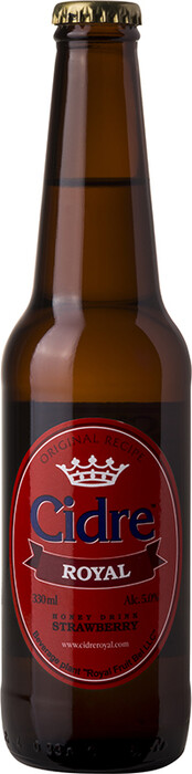 На фото изображение Cidre Royal with Strawberry, 0.33 L (Сидр Роял Медовуха с клубникой объемом 0.33 литра)