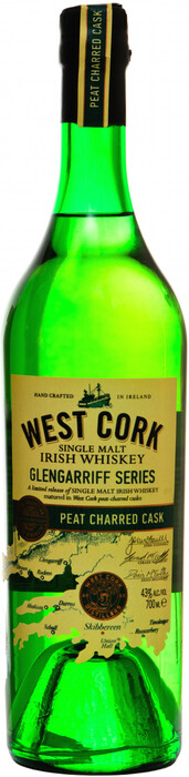 На фото изображение West Cork Peat Charred Cask, 0.7 L (Вест Корк Пит Шард Каск в бутылках объемом 0.7 литра)