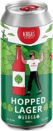 На фото изображение New Rigas Brewery, Varka Hopped Lager, in can, 0.45 L (Пивоварня Новорижская, Варка Хоппд Лагер, в жестяной банке объемом 0.45 литра)
