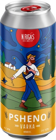На фото изображение New Rigas Brewery, Varka Psheno, in can, 0.45 L (Пивоварня Новорижская, Варка Пшено, в жестяной банке объемом 0.45 литра)