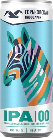 На фото изображение Gorkovskaya Brewery, IPA Non Alcoholic, in can, 0.33 L (Горьковская пивоварня, ИПА Безалкогольное, в жестяной банке объемом 0.33 литра)