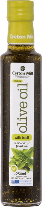 На фото изображение Cretan Mill Olive Oil Extra Virgin with Basil, 0.25 L (Критен Милл Оливковое масло Экстра Вёрджин с базиликом объемом 0.25 литра)