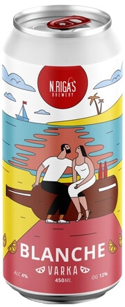 На фото изображение New Rigas Brewery, Varka Blanche, in can, 0.45 L (Пивоварня Новорижская, Варка Бланш, в жестяной банке объемом 0.45 литра)