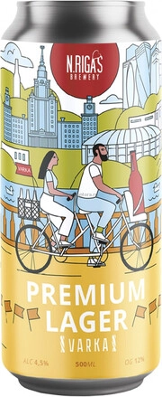 На фото изображение New Rigas Brewery, Varka Premium Lager, in can, 0.5 L (Пивоварня Новорижская, Варка Премиум Лагер, в жестяной банке объемом 0.5 литра)