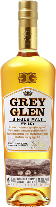 На фото изображение Grey Glen Single Malt, 0.7 L (Грэй Глен Сингл Молт в бутылках объемом 0.7 литра)