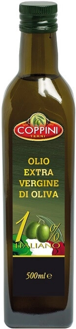 На фото изображение Coppini 100% Italiano Olio Extra Vergine di Oliva, 0.5 L (Коппини 100% Итальянское Оливковое Масло Экстра Верджин объемом 0.5 литра)
