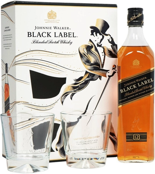 Виски «Black Label», with 2-glass в подарочной коробке, 0.7 л