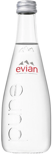 На фото изображение Evian Still, Glass, 0.33 L (Эвиан Негазированная, в стеклянной бутылке объемом 0.33 литра)