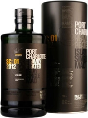На фото изображение Bruichladdich, Port Charlotte SC: 01, 2012, in tube, 0.7 L (Порт Шарлотт СК: 01, 2012, в тубе в бутылках объемом 0.7 литра)