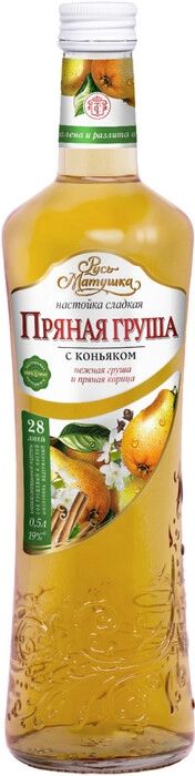 На фото изображение Русь Матушка Пряная Груша с Коньяком, настойка сладкая, объемом 0.5 литра (Rus Matushka Spicy Pear with Cognac 0.5 L)