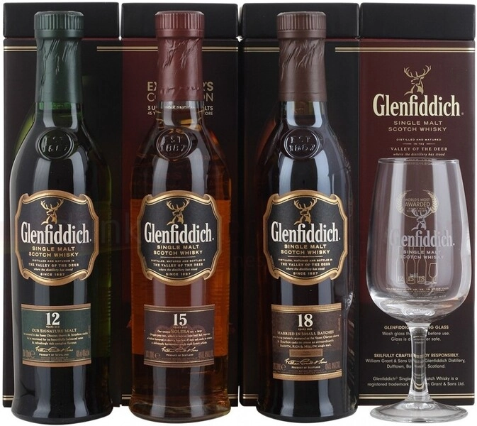 Виски Glenfiddich, gift set with 3 bottles (12 YO, 15 YO, 18 YO
