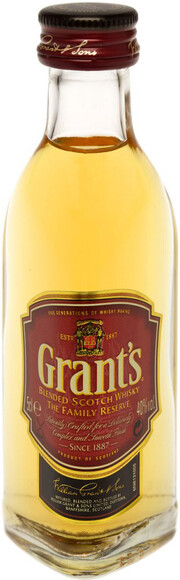На фото изображение Grants Family Reserve, 0.05 L (Виски Вильям Грантс Фамили Резерв в маленьких бутылках объемом 0.05 литра)
