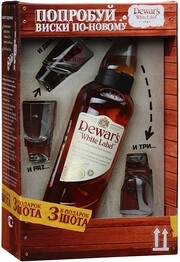 In the photo image Dewars White Label, gift box with 3 shots, 0.75 L