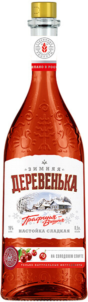 На фото изображение Зимняя деревенька Графиня Вишня, настойка сладкая, объемом 0.5 литра (Zimnyaya derevenka Countess Cherry 0.5 L)