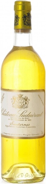 На фото изображение Chateau Suduiraut (Sauternes) 1er Grand Cru Classe AOC, 1999, 0.75 L (Шато Сюдюиро (Сотерн) Премье Гран Крю 1999 объемом 0.75 литра)