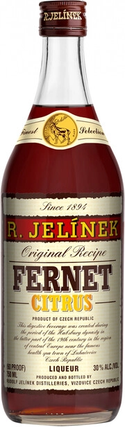 На фото изображение R. Jelinek, Fernet Citrus, 0.7 L (Рудольф Елинек, Фернет Цитрус объемом 0.7 литра)
