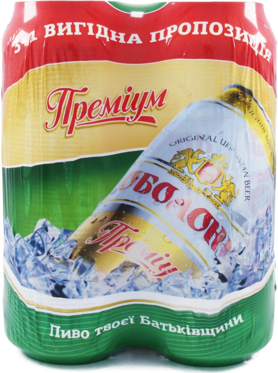 Пиво Obolon, Premium, set of 4 cans, 0.5 л — купить пиво Оболонь, Премиум,  упаковка из 4-х банок, 500 мл – цена 137 руб, отзывы в Winestyle